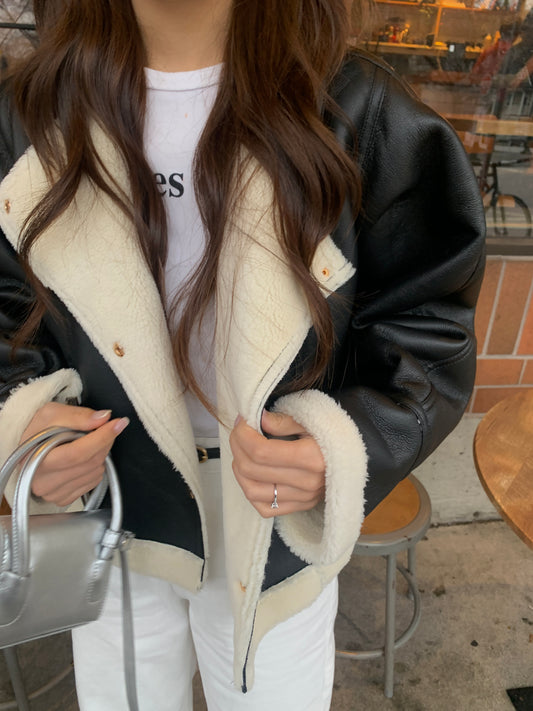 Collarless Leather Fleece Jacket