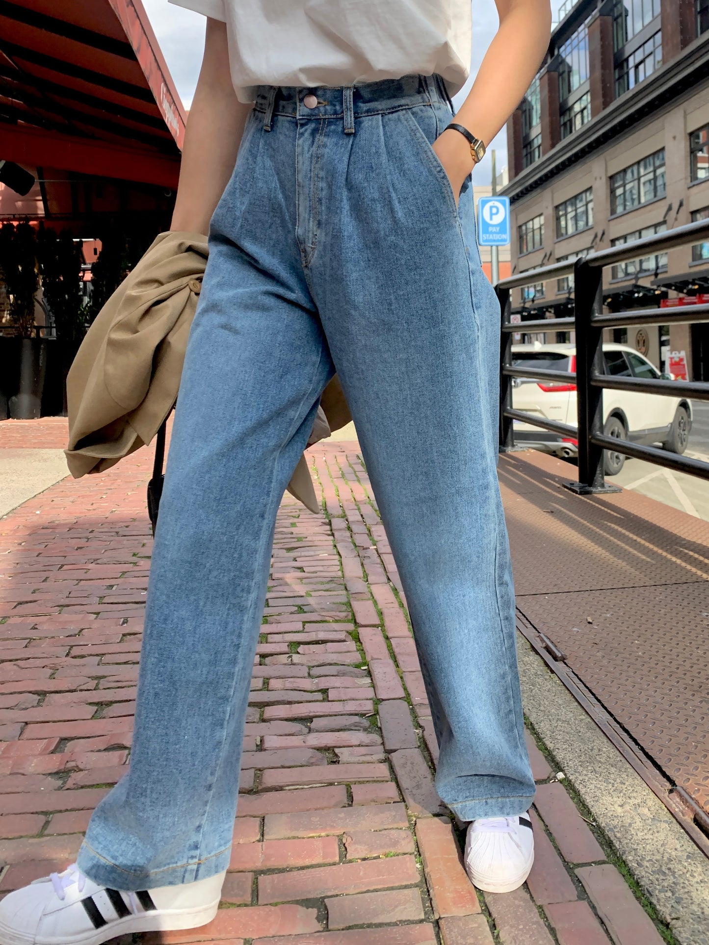 (3 color / S-XL ) Pin-tuck Wide Denim Pants (banding)