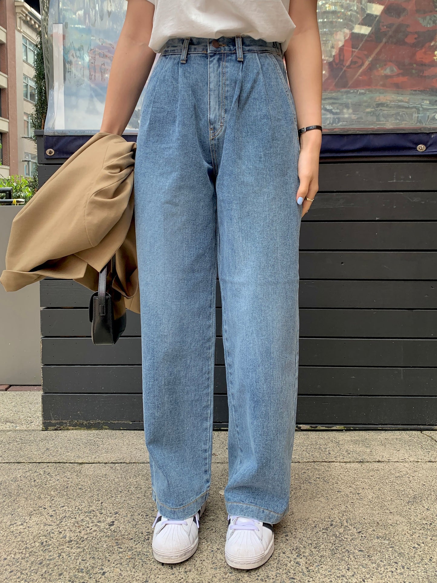 (3 color / S-XL ) Pin-tuck Wide Denim Pants (banding)