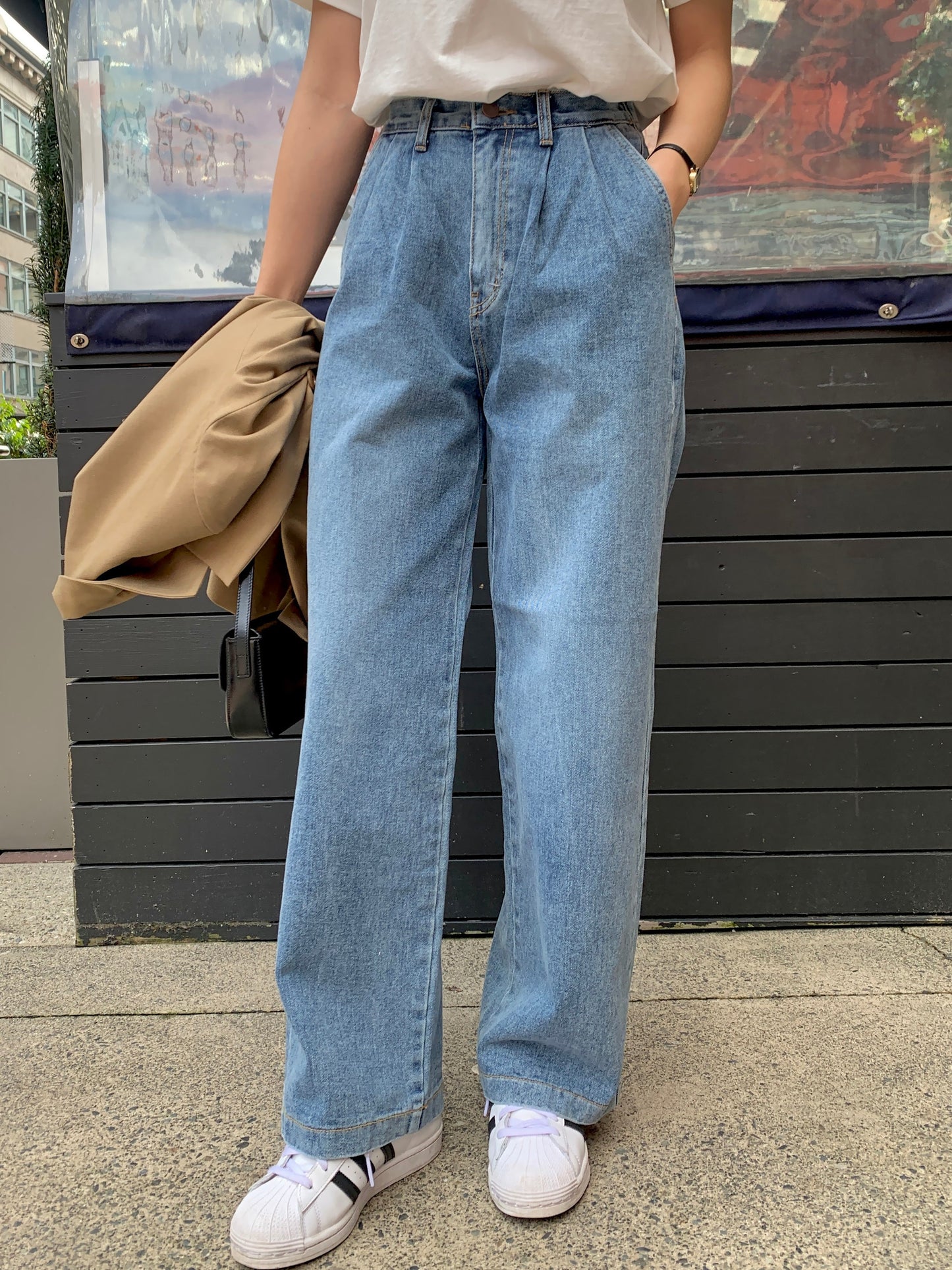 (3 color / S-XL ) Pin-tuck Wide Denim Pants (banding)